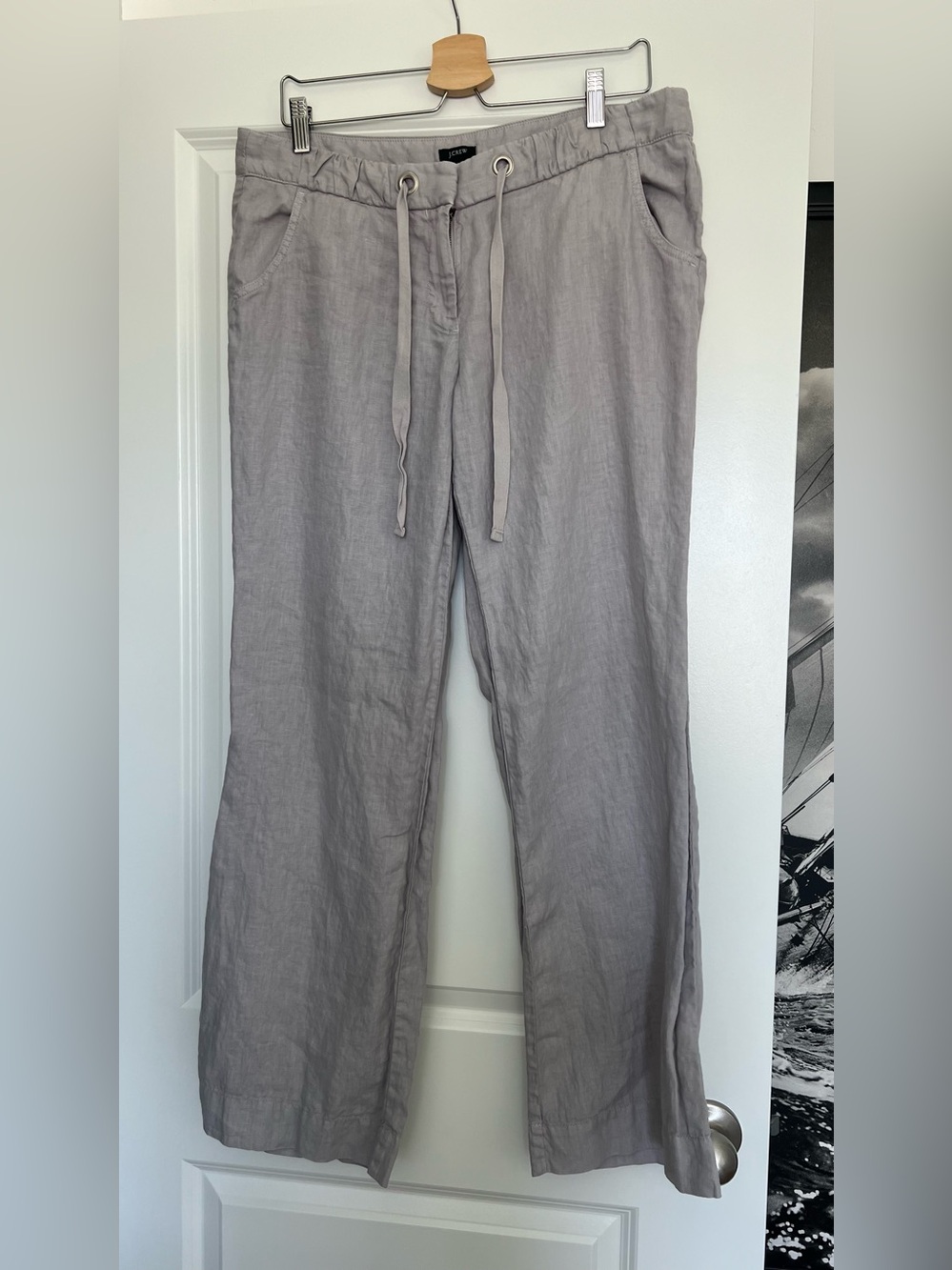 J. Crew Light Gray Wide Leg Linen-Blend Drawstring Pants